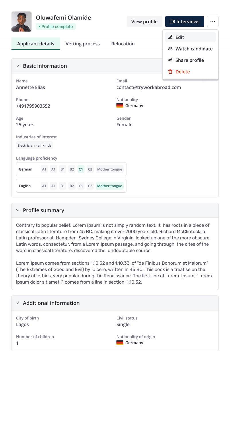 Candidate management detail