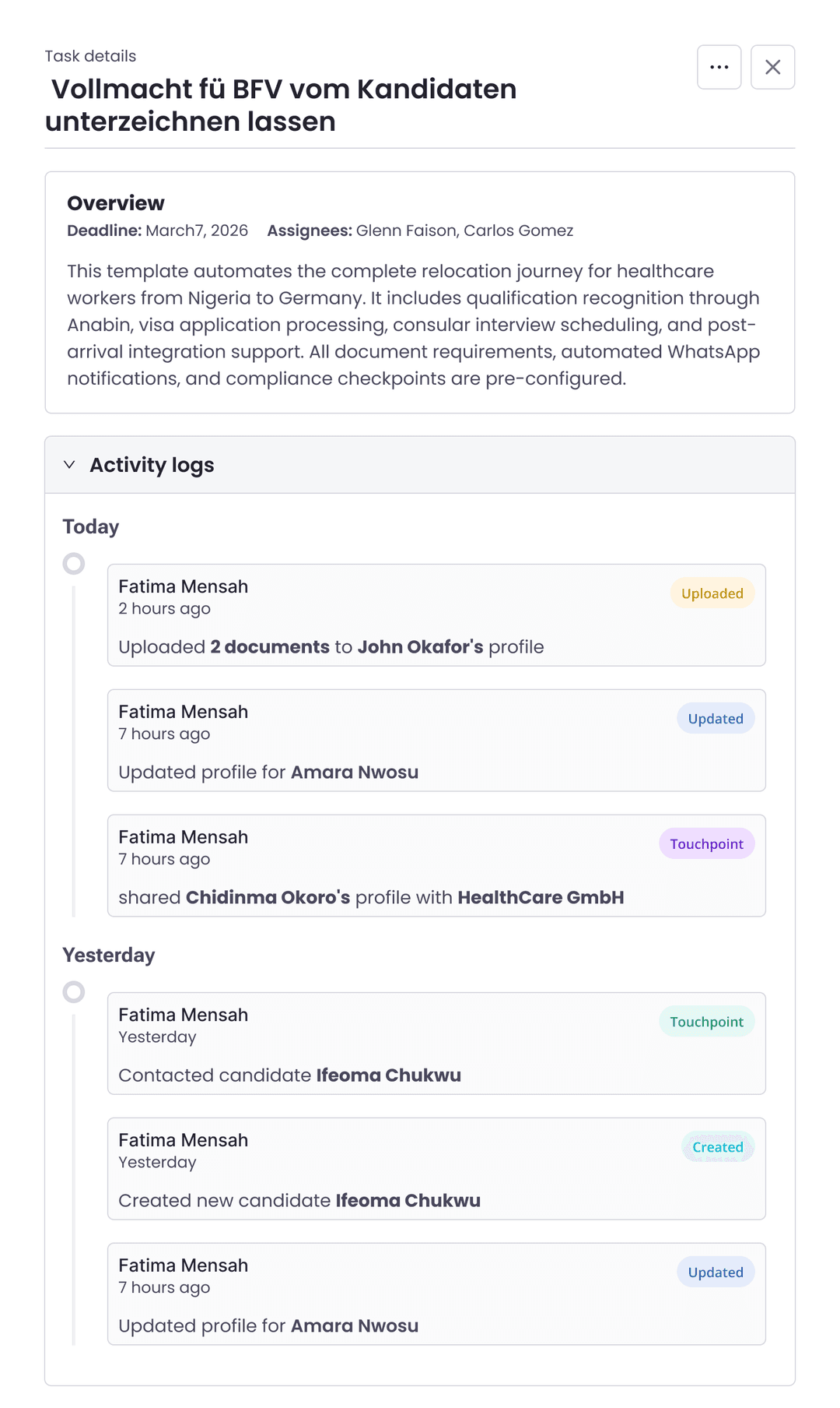 Task assignment card